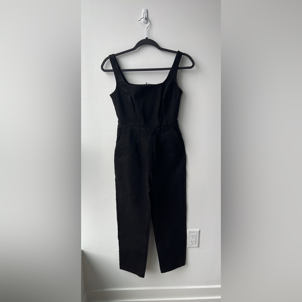 ASOS DESIGN Petite denim square neck fitted jumpsuit in washed black